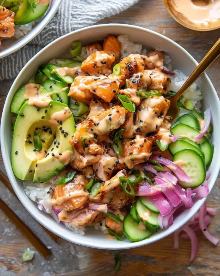 Delicious miso glazed salmon bowl with vegetables and rice