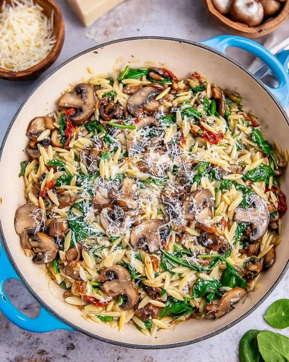 A delicious bowl of mushroom spinach orzo topped with fresh herbs