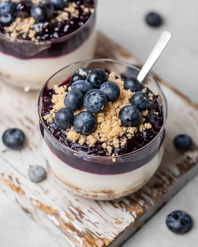 Delicious No Bake Blueberry Cheesecake topped with fresh blueberries