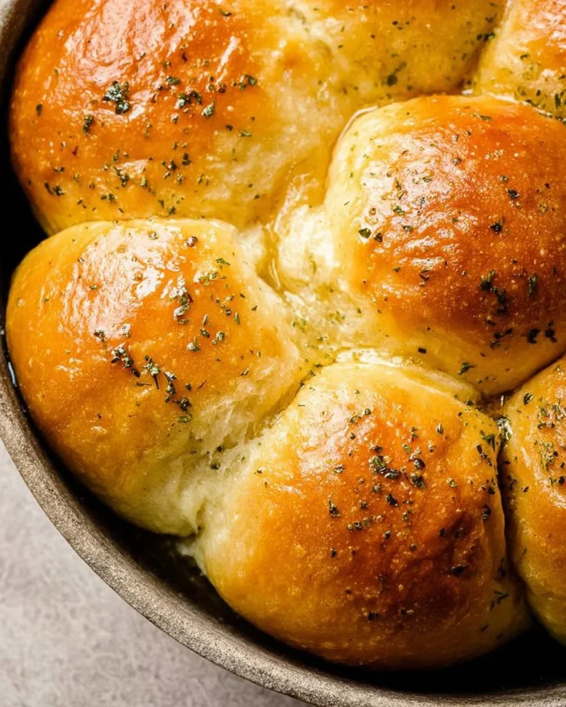 Golden-brown no-knead dinner rolls fresh out of the oven.