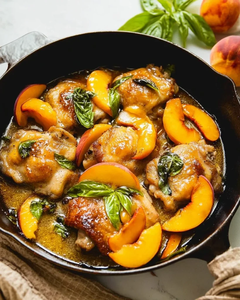 One Pan Peach Chicken with vibrant peaches and juicy chicken pieces