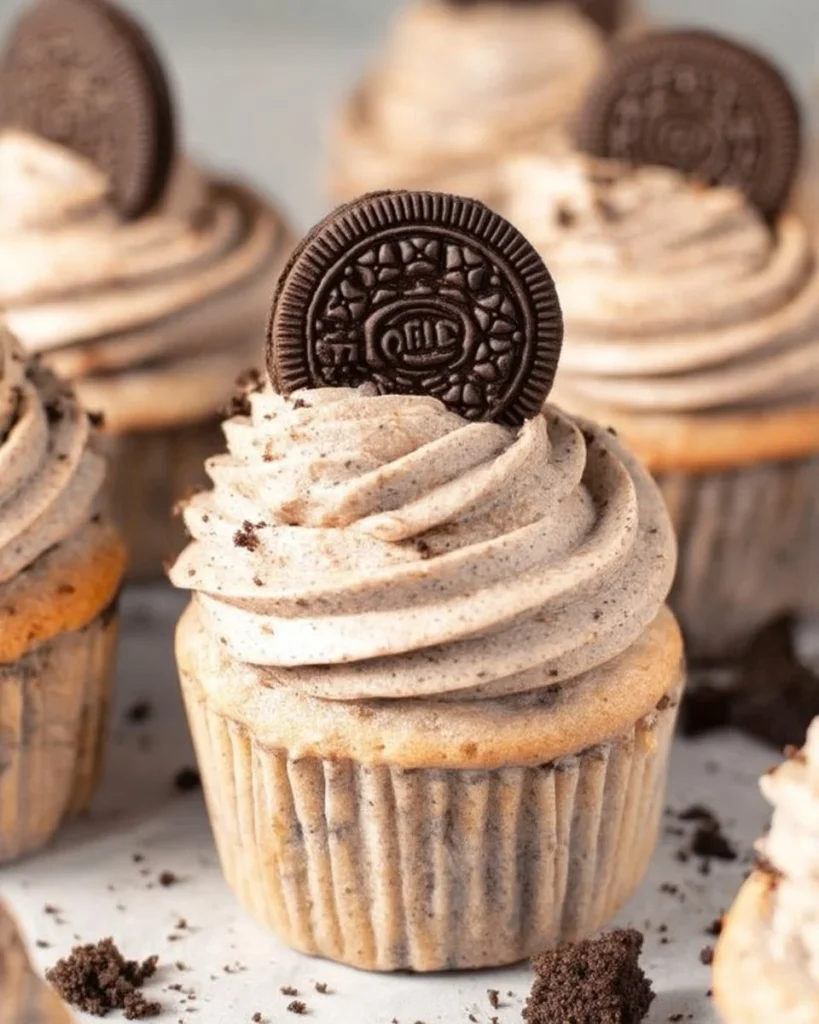 Delicious Oreo cupcakes topped with cream frosting and Oreo crumbs