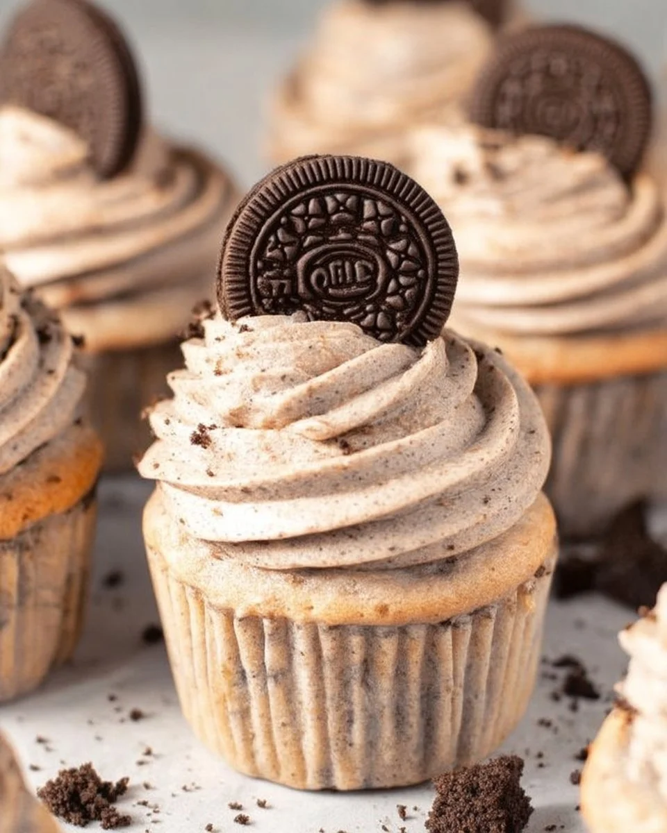 Delicious Oreo cupcakes topped with cream frosting and Oreo crumbs