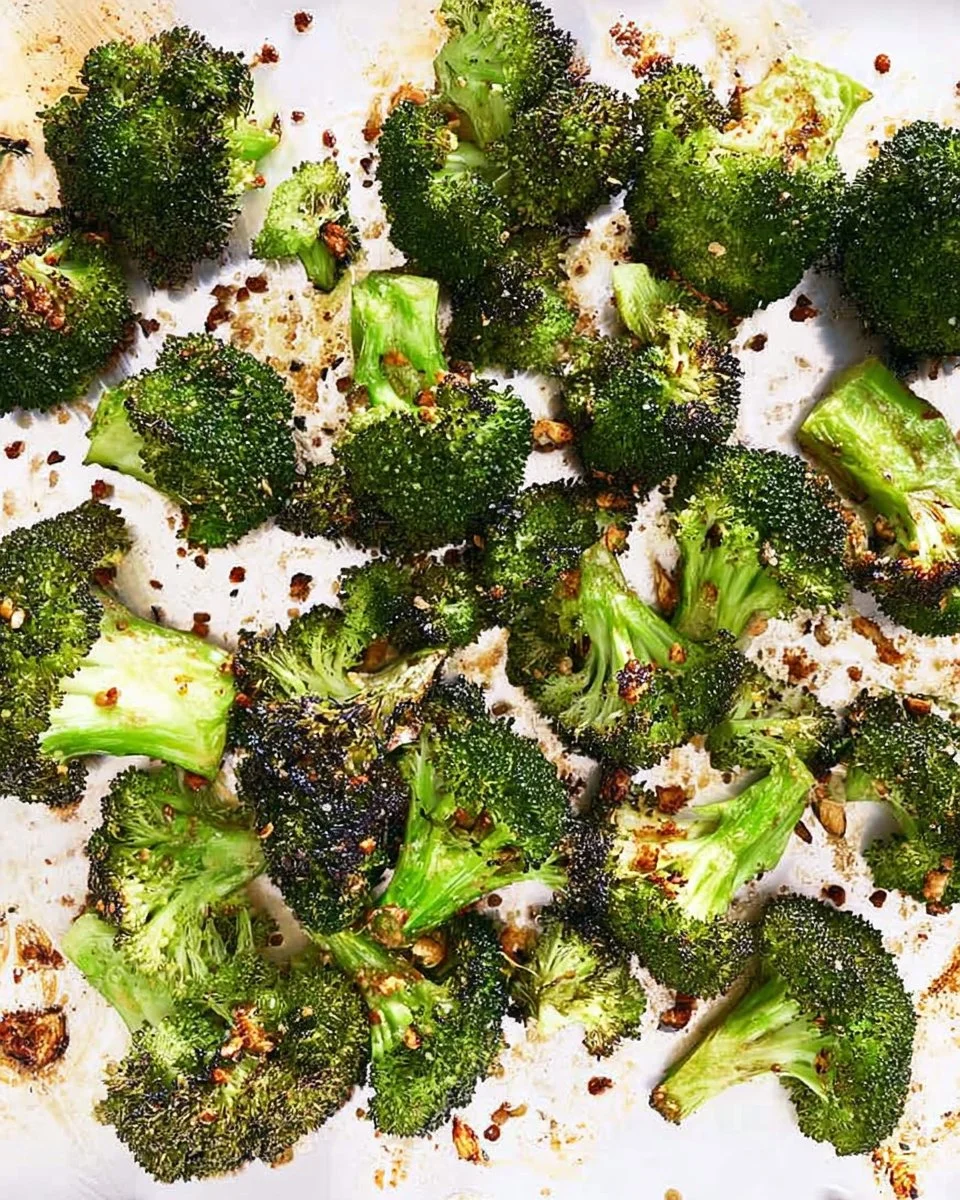 Oven-roasted broccoli served in a bowl with seasoning