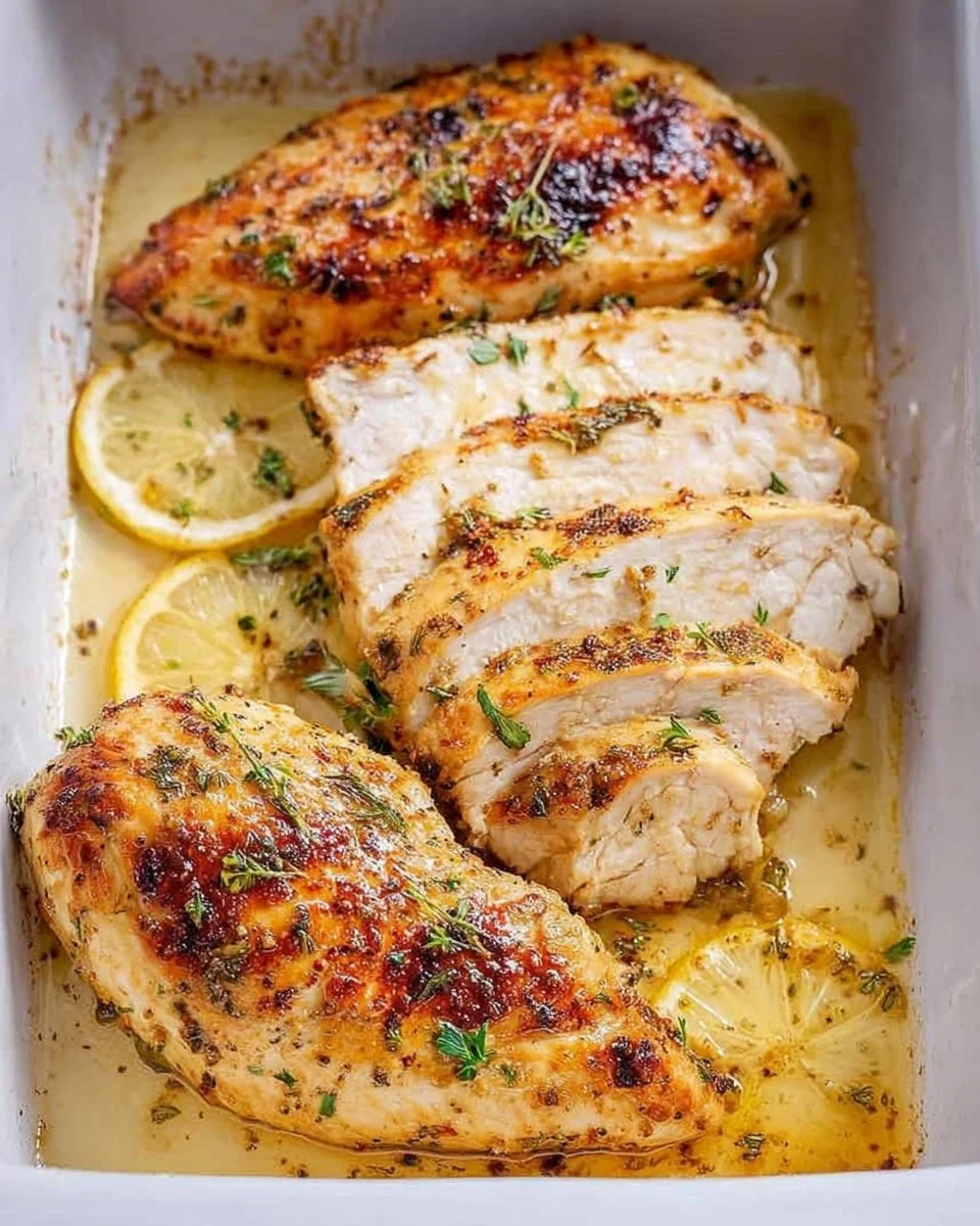Oven roasted chicken breast served with herbs and spices.