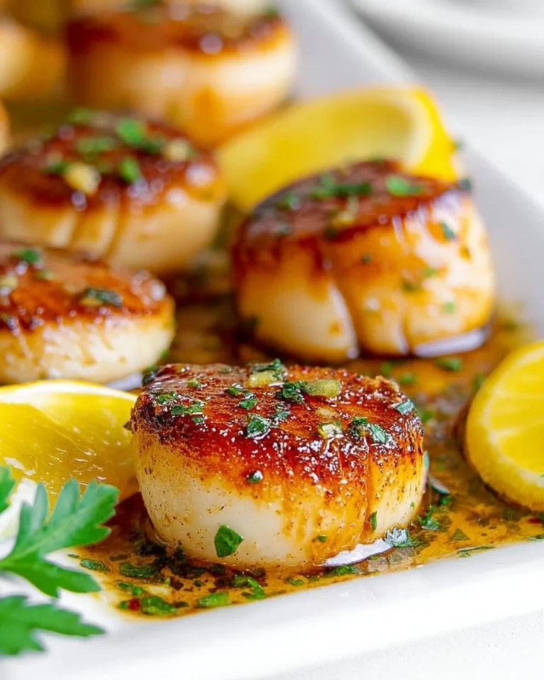 Delicious pan seared scallops garnished with herbs on a plate