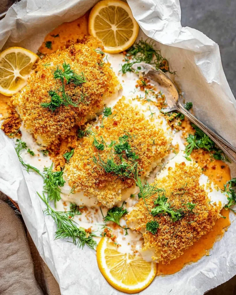 Panko crusted fish served on a plate with lemon and herbs