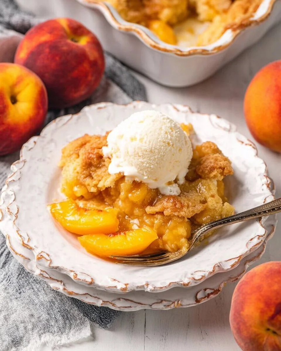 Delicious homemade peach cobbler served warm with ice cream.
