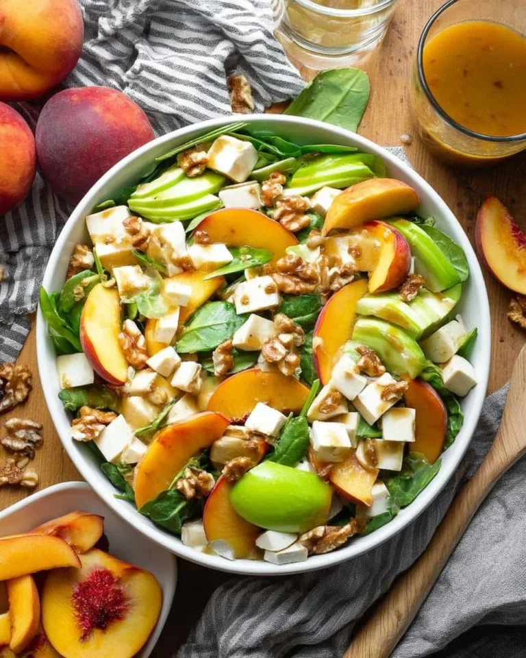 Fresh peach salad with greens, nuts, and a zesty dressing