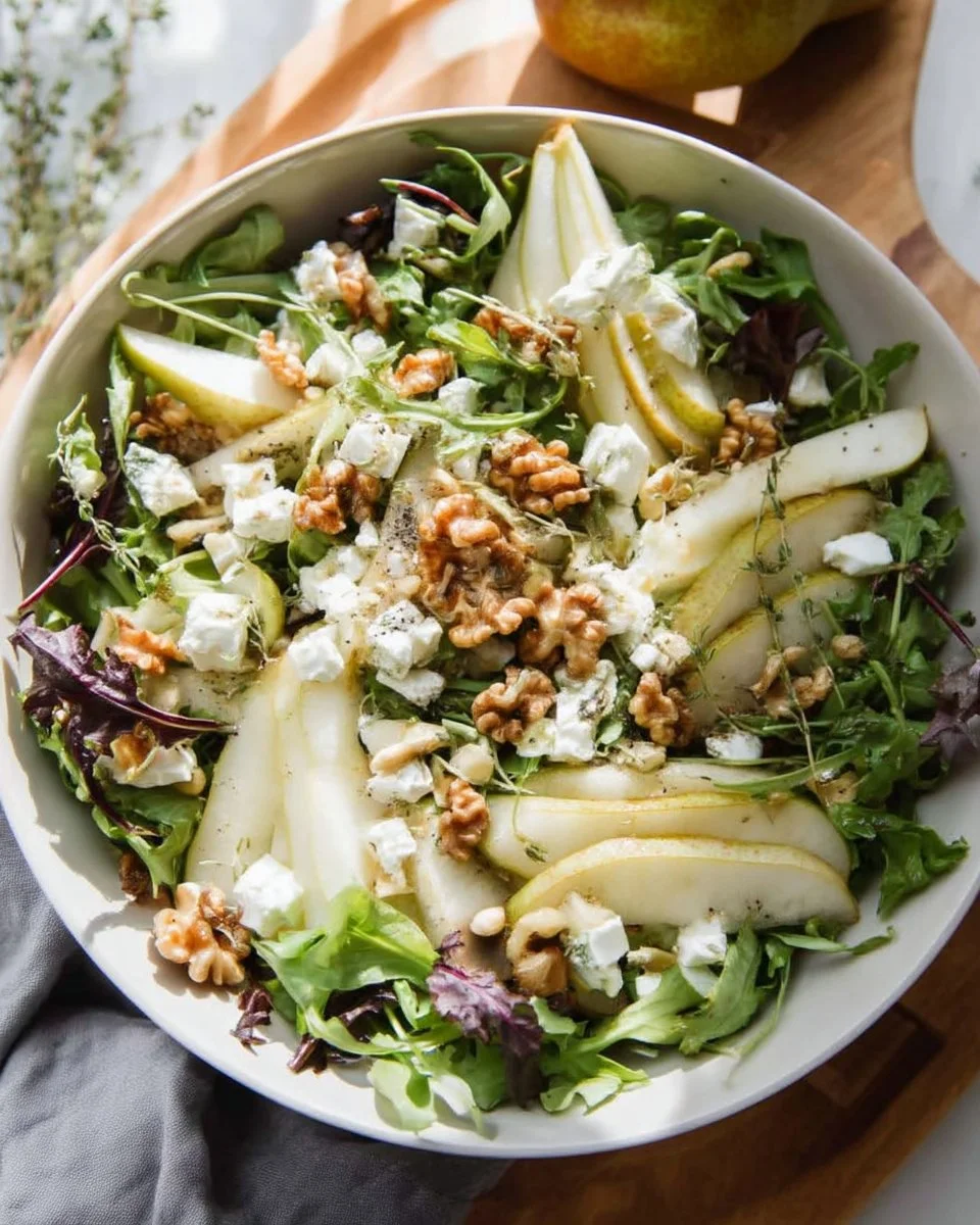 Delicious pear goat cheese salad with greens and nuts