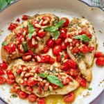 Plate of pesto bruschetta chicken garnished with fresh herbs and tomatoes