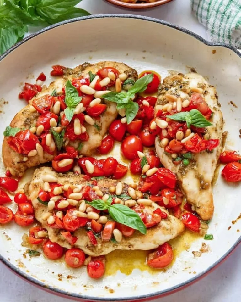Plate of pesto bruschetta chicken garnished with fresh herbs and tomatoes
