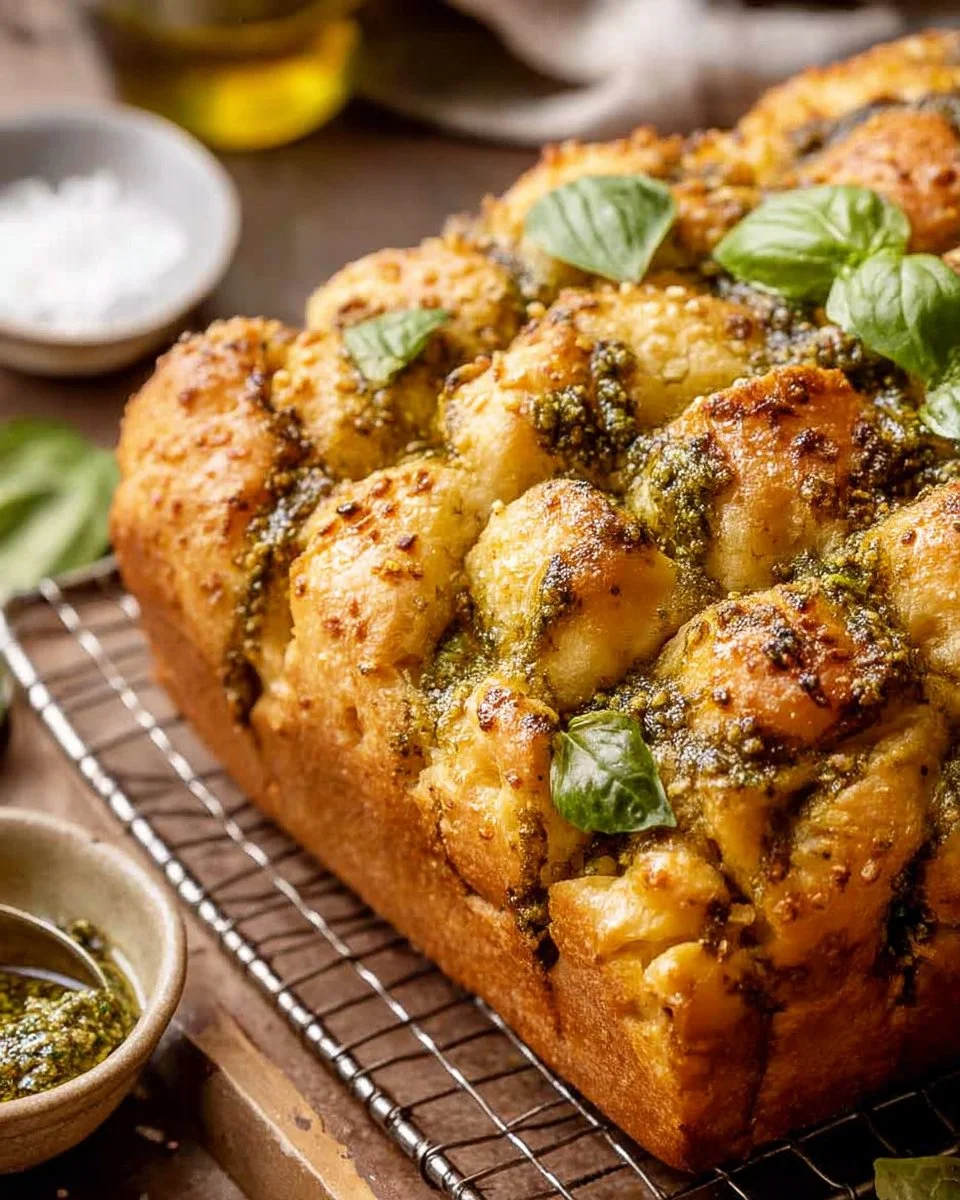 Freshly baked no-knead pesto focaccia bread with herbs and olive oil