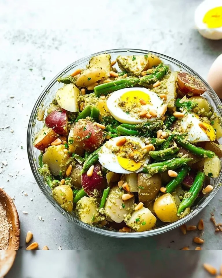 Delicious pesto potato salad served in a bowl, garnished with fresh herbs