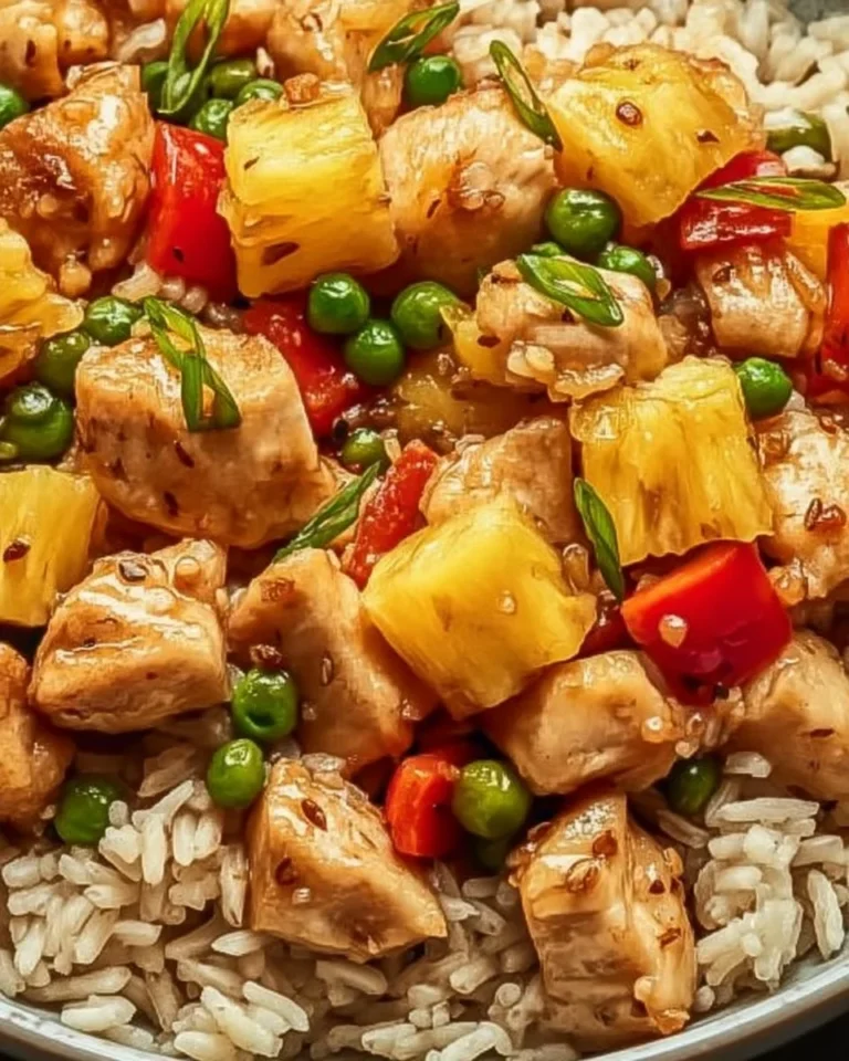 Delicious pineapple chicken served over rice with vibrant colors and flavors
