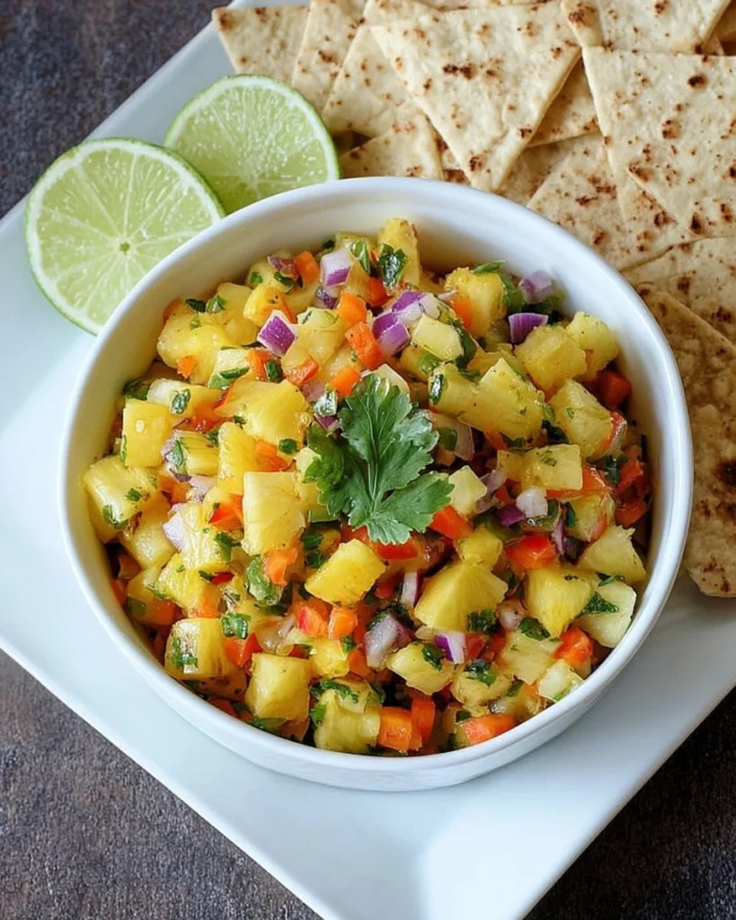 Freshly made pineapple salsa served in a bowl with tortilla chips