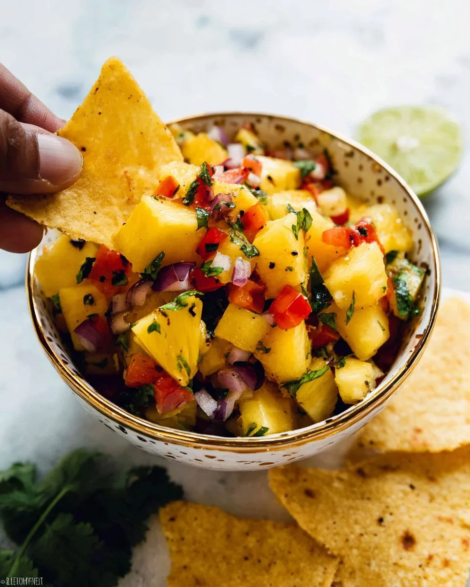 Fresh pineapple salsa served in a bowl with cilantro and lime