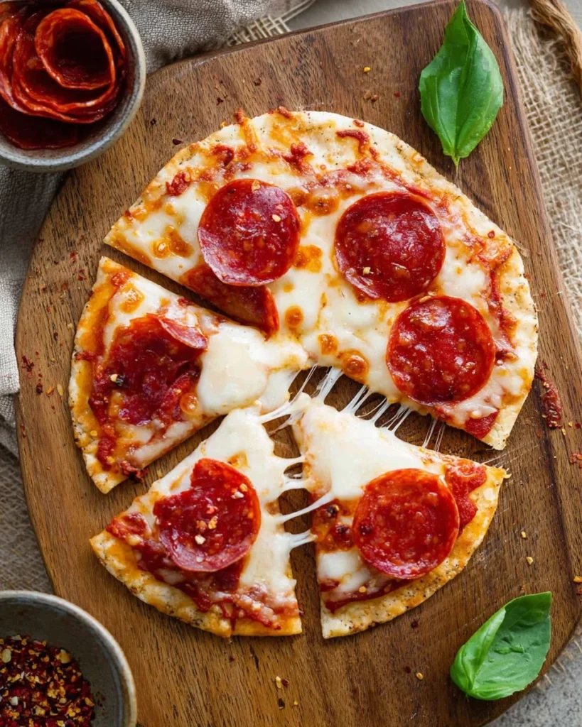 Homemade pita pizza topped with fresh vegetables and cheese.