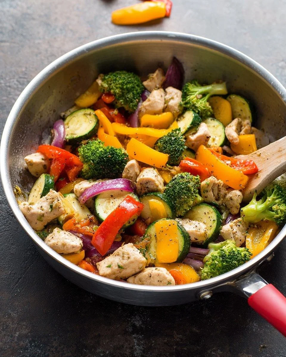 Quick stir-fry chicken and colorful vegetables in a skillet