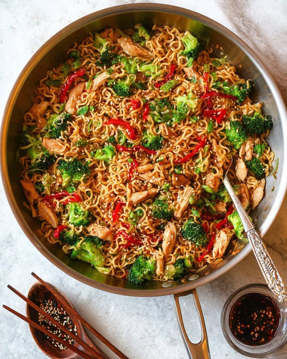 Quick chicken ramen noodle stir fry with vegetables and spices