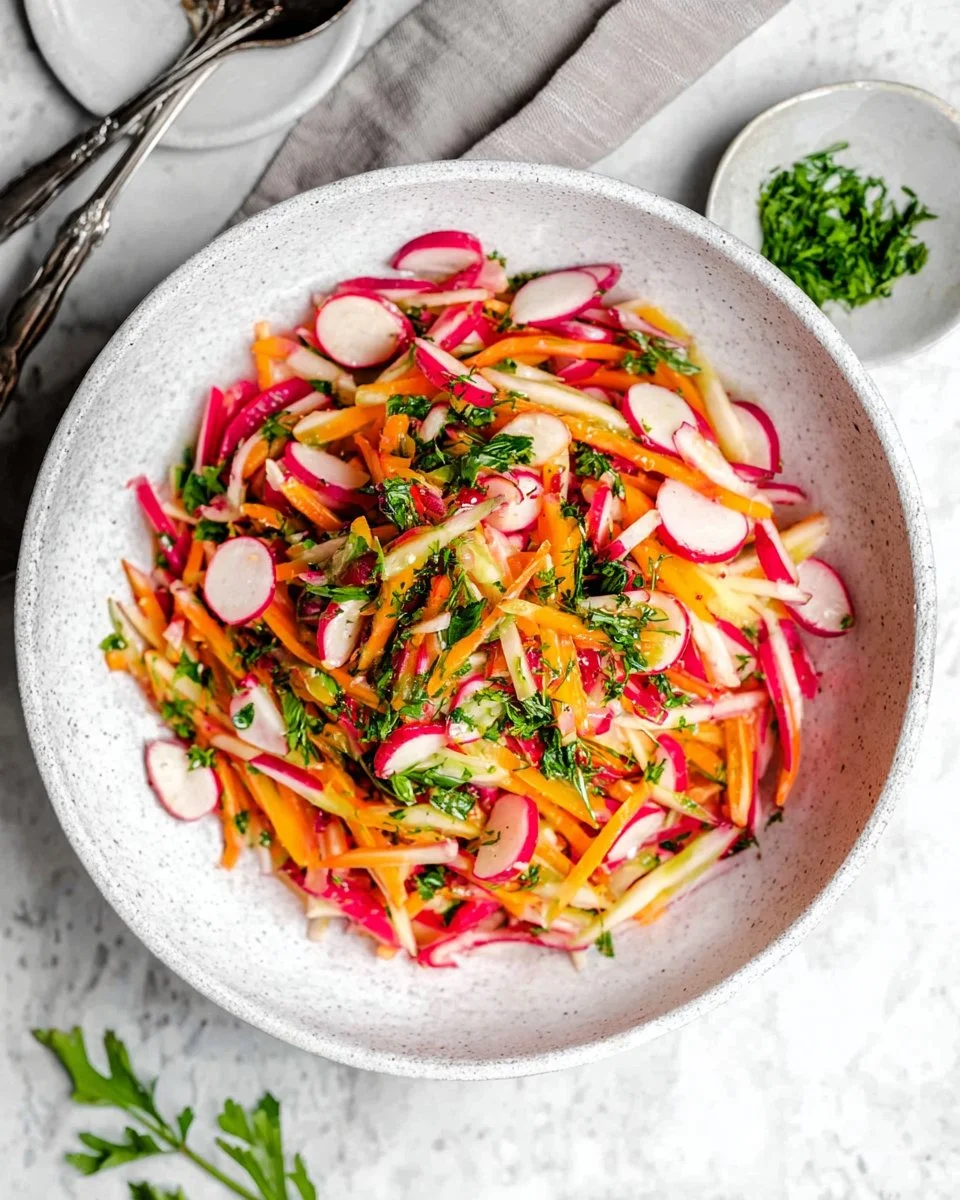 Colorful Radish Salad with fresh vegetables and herbs in a bowl.