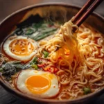 A bowl of steaming ramen noodles topped with vegetables and soft-boiled eggs.