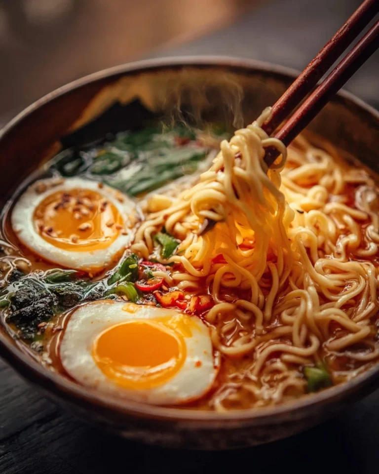 A bowl of steaming ramen noodles topped with vegetables and soft-boiled eggs.
