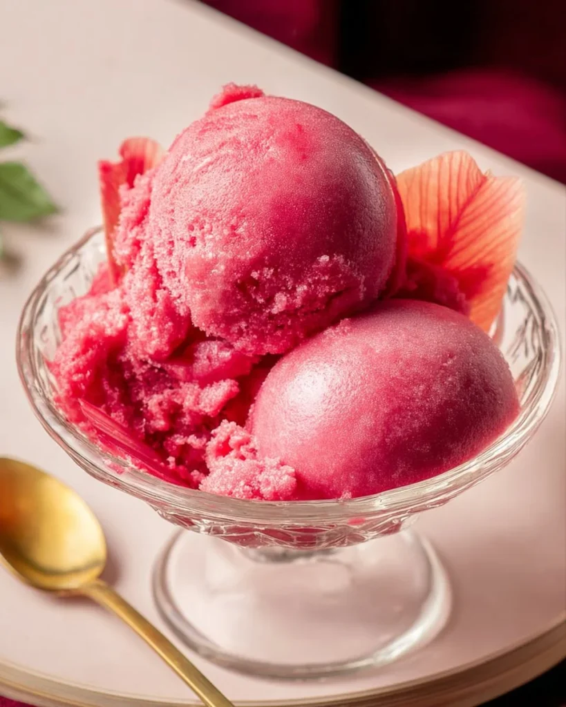 Delicious homemade rhubarb sorbet served in a bowl, garnished with mint leaves.