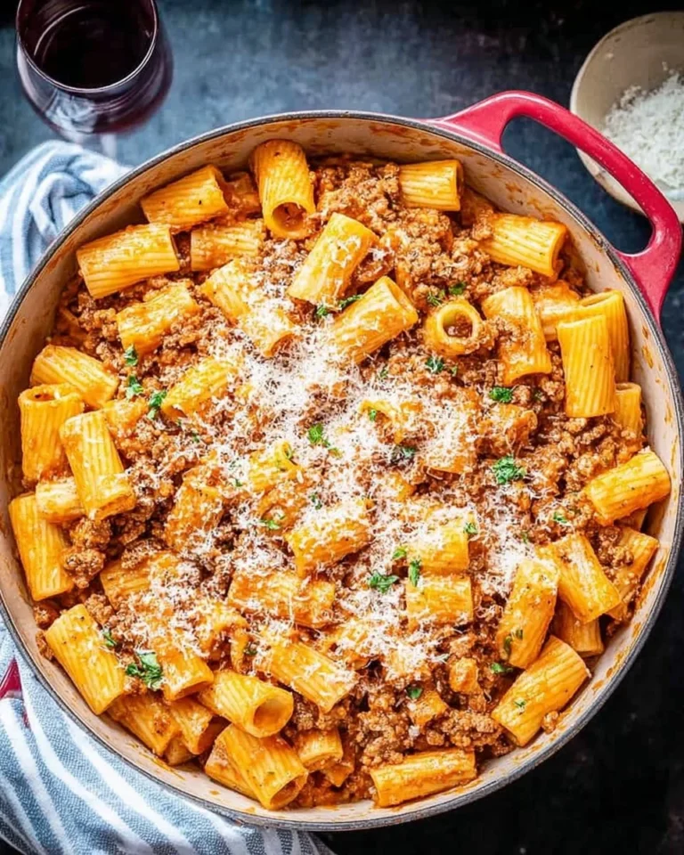 Delicious plate of Rigatoni Bolognese served with fresh herbs and parmesan cheese.