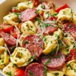 Salami Mozzarella Tortellini Pasta Salad with colorful ingredients