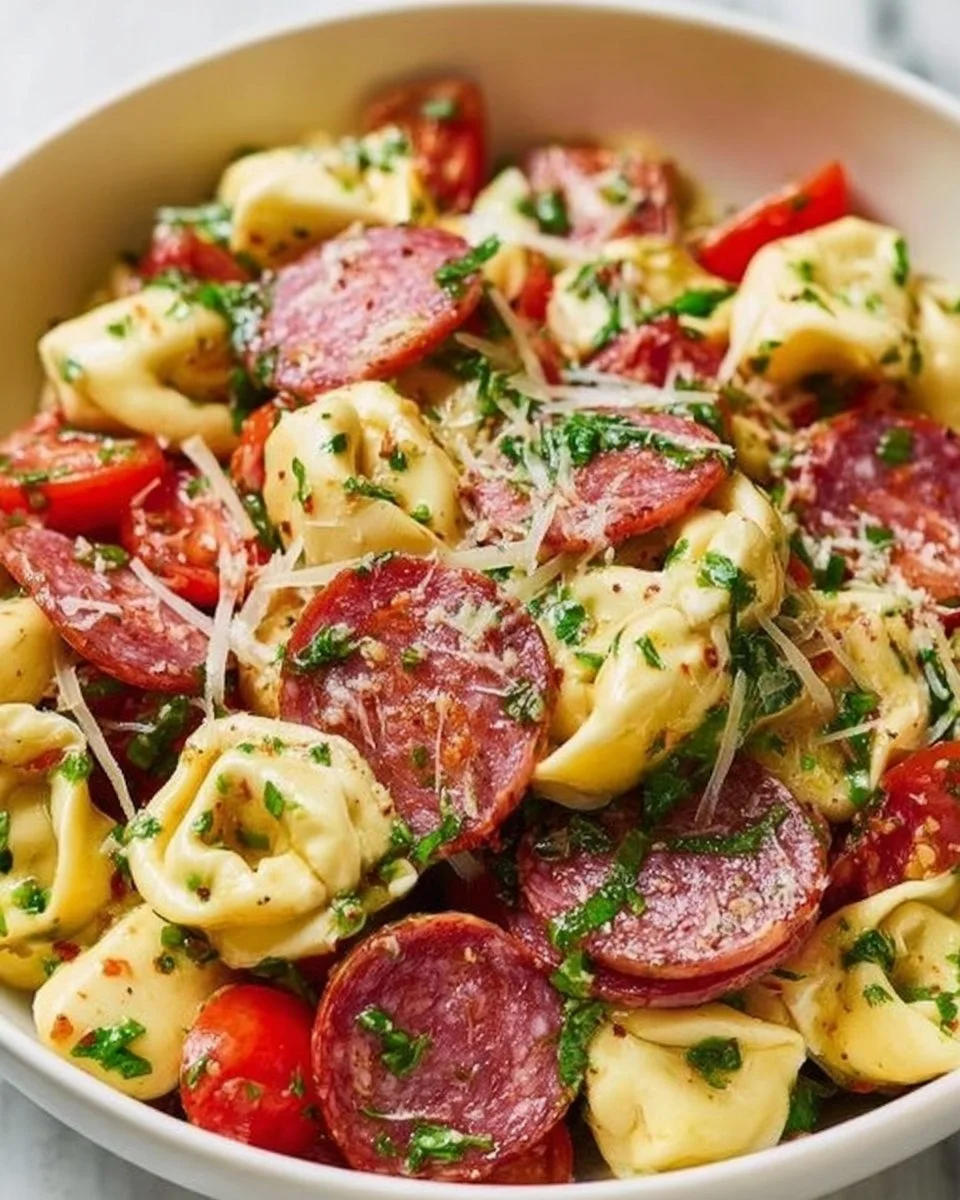 Salami Mozzarella Tortellini Pasta Salad with colorful ingredients