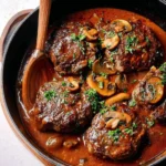 Homemade Salisbury steaks served with gravy and mashed potatoes.