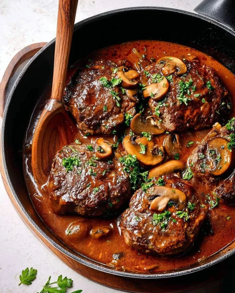 Homemade Salisbury steaks served with gravy and mashed potatoes.