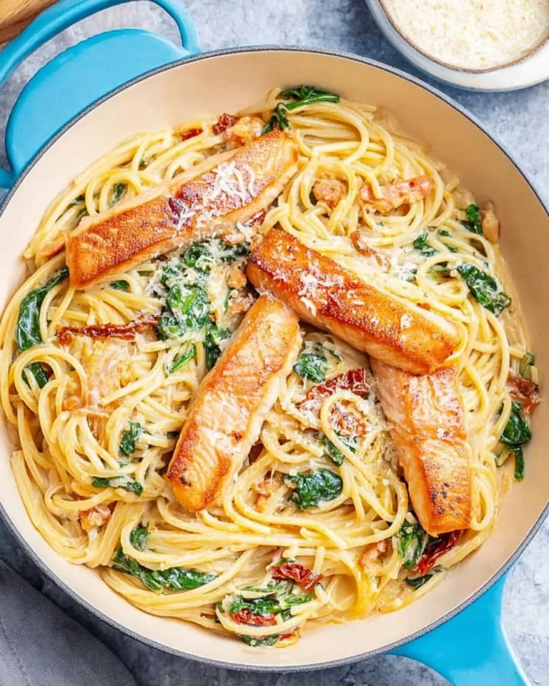 Delicious Salmon Alfredo pasta dish with creamy sauce and garnished herbs.