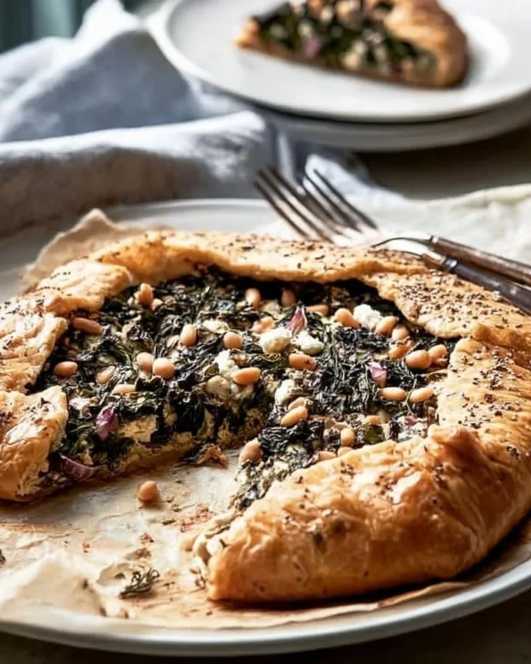 Homemade savory galette filled with vegetables and cheese on a wooden table.