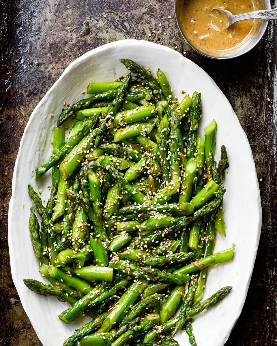 Plate of sesame roasted asparagus garnished with sesame seeds