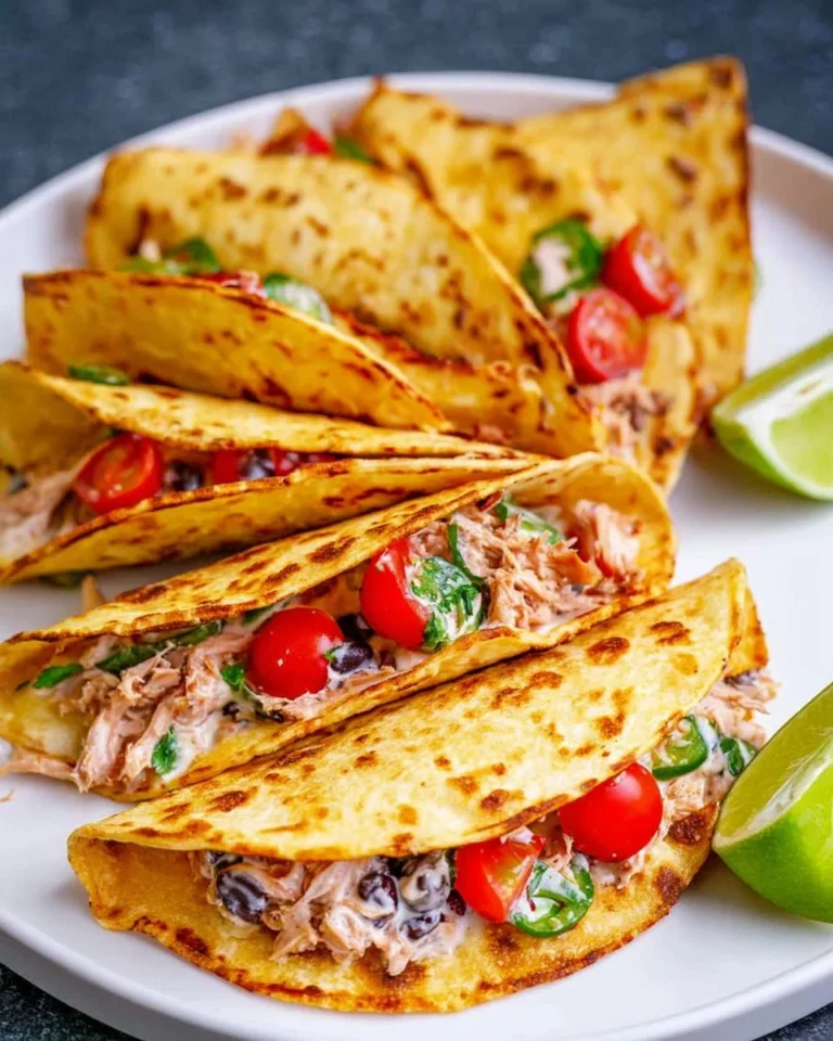 Delicious shredded chicken tacos topped with fresh cilantro and lime
