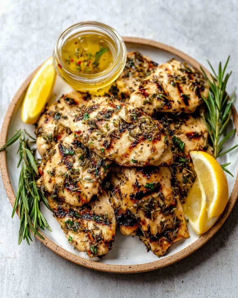 Bowl of simple lemon herb marinade with herbs and lemon slices