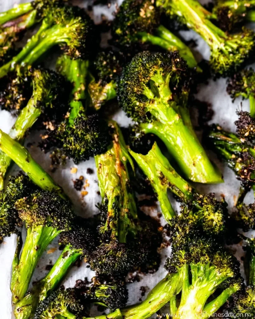 Bowl of perfectly roasted broccoli with olive oil and spices