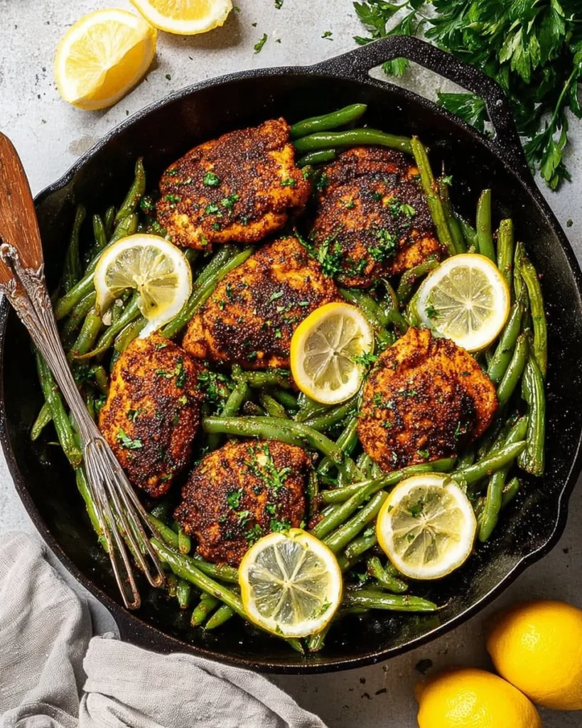 Skillet chicken with green beans served on a plate for a healthy dinner option.