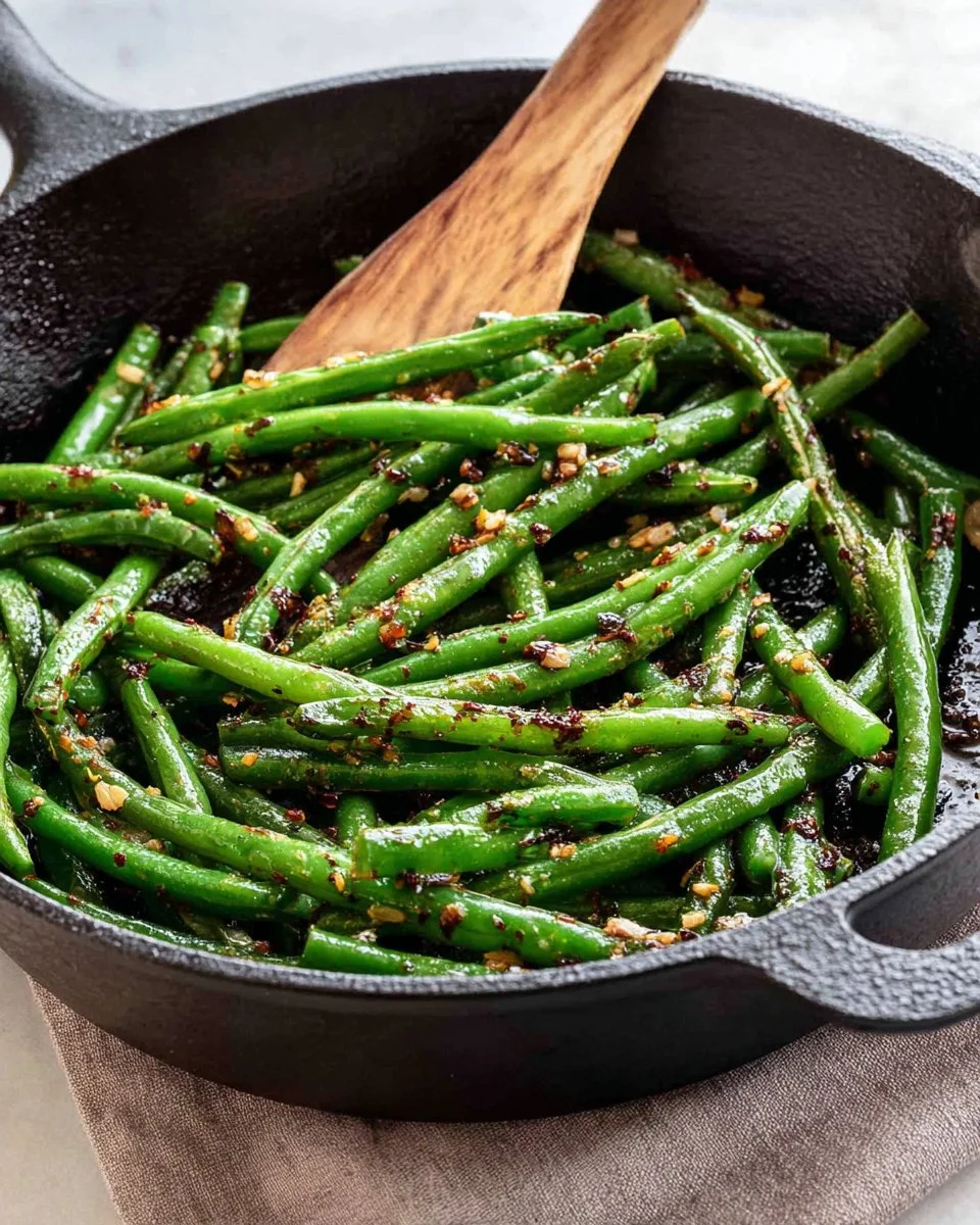 Skillet green beans sautéed with garlic and spices for a flavorful dish.