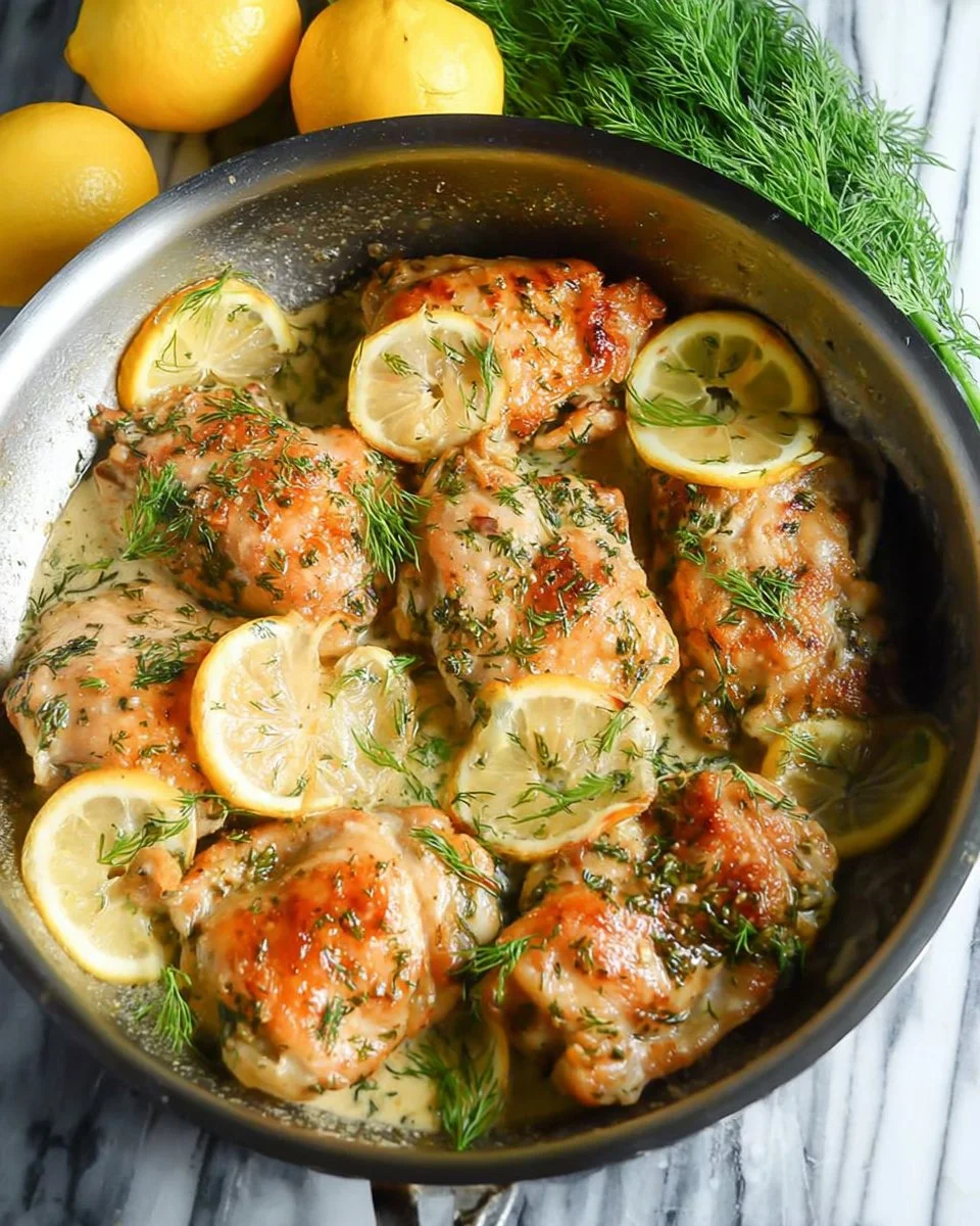 Skillet lemon dill chicken thighs served with fresh herbs and lemon slices.