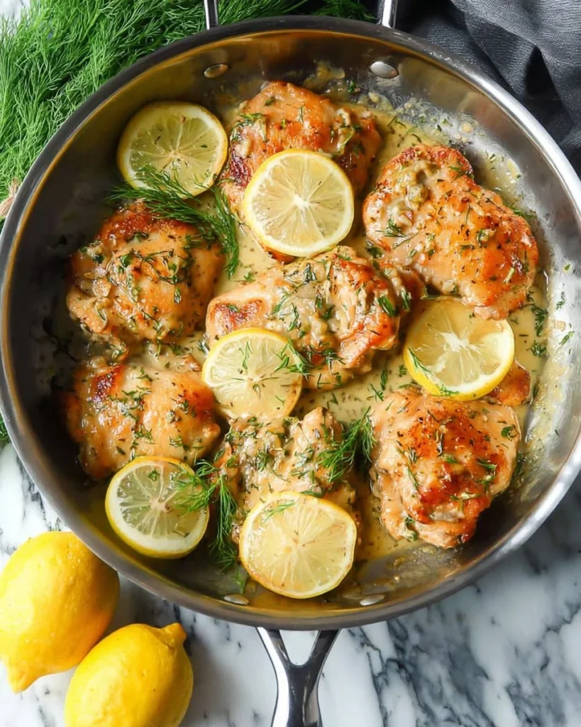 Skillet Lemon Dill Chicken Thighs cooked to perfection with fresh herbs