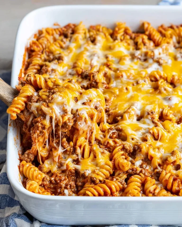 Delicious Sloppy Joe Casserole served on a plate with toppings.