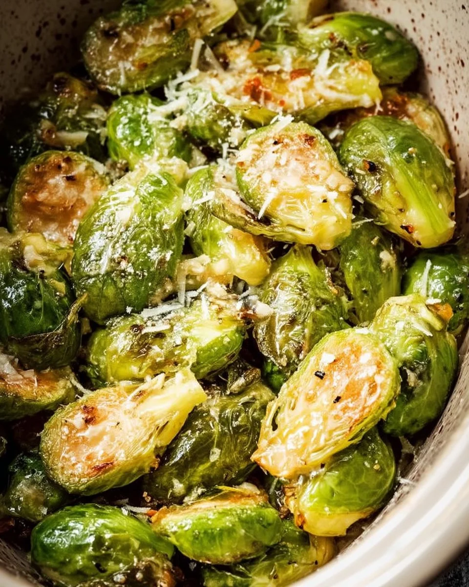 Slow Cooker Parmesan Brussels Sprouts dish garnished and ready to serve