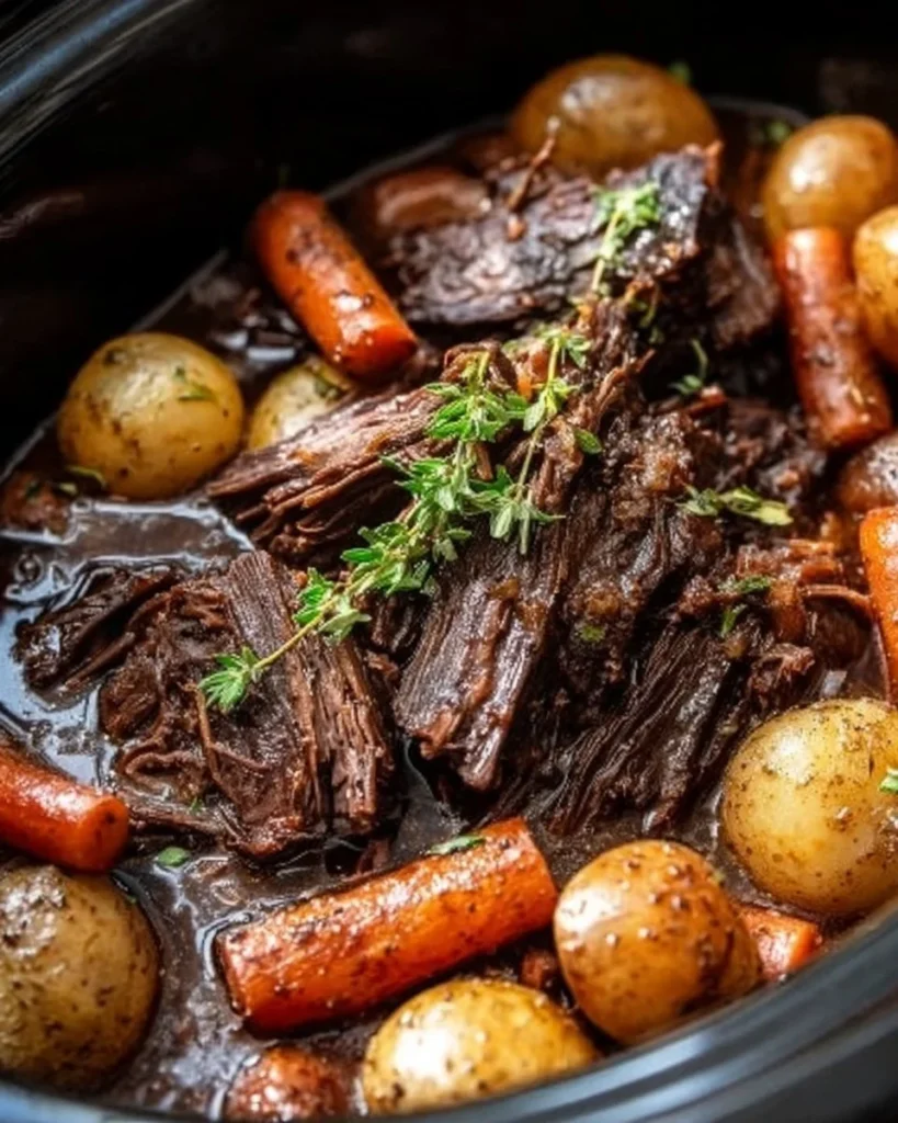 Delicious slow cooker three envelope pot roast plated with vegetables