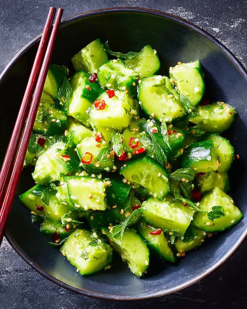 Refreshing smashed cucumber salad with vibrant colors and fresh ingredients