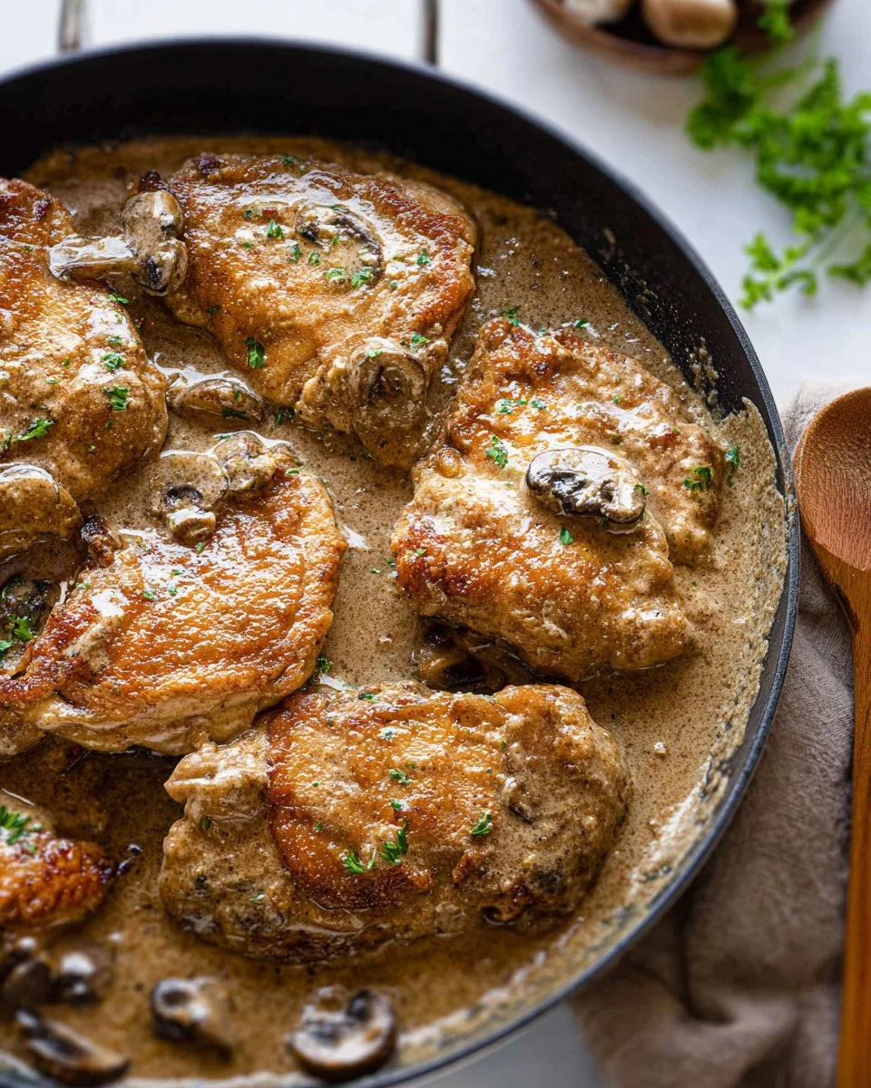 Delicious smothered chicken served with creamy gravy and sides