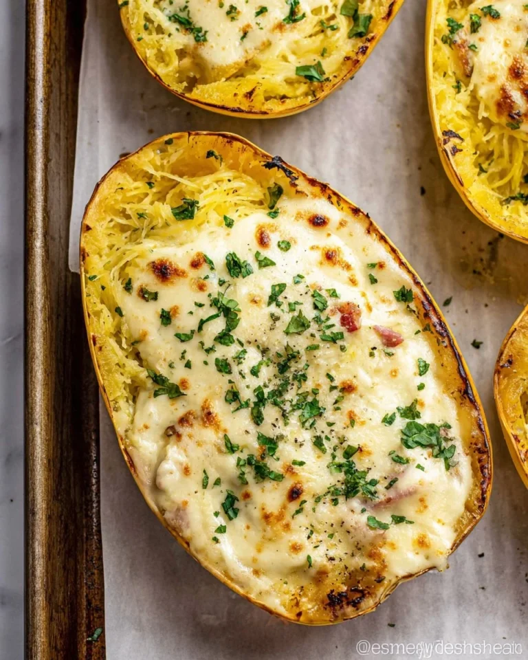 Spaghetti squash alfredo served in a bowl with fresh herbs and parmesan