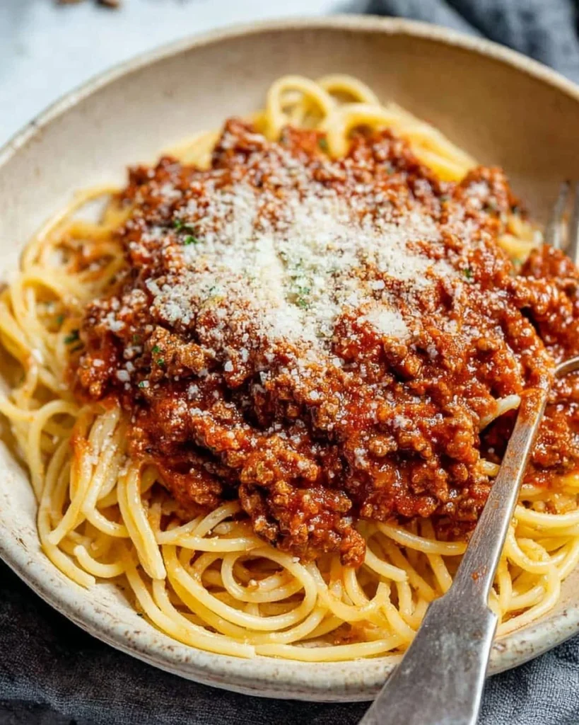 A plate of spaghetti topped with rich meat sauce garnished with parsley.